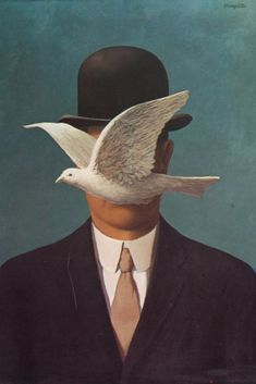 a painting of a man in a suit and tie with a bird on his head