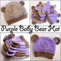 crocheted baby bear hats and mittens are shown in four different pictures, including one with a teddy bear