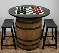 Whiskey Barrel c/36 Black Table Top-Checker Board-Checkers-2 Bar Stools - Aunt Molly's Barrel Products Basement Game Room Ideas, Checkerboard Table, Garage Game Rooms, Saddle Bar Stools, Small Game Rooms, Basement Games, Pool Table Room, Family Room Remodel, Basement Redo