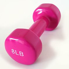 two pink dumbbells with the number 8lb on each one, sitting side by side