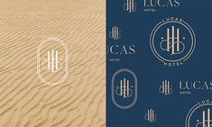 the logo for lucas hotel is shown in two different colors and font options, along with an image of a beach