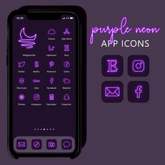 the purple neon icon pack is displayed on an iphone's screen and features icons