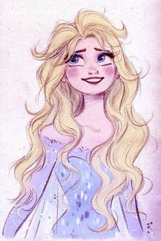 a drawing of a blonde haired girl with blue eyes and long hair wearing a purple dress