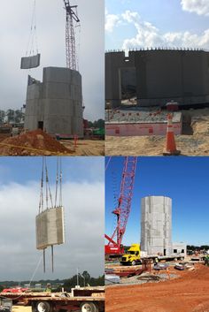 four different views of construction equipment including cranes, concrete blocks and cement silos in the foreground