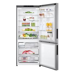 an open refrigerator with the door wide open and food inside it, on a white background