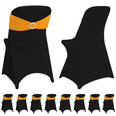 a set of black and orange chair covers with yellow sashes on each one side