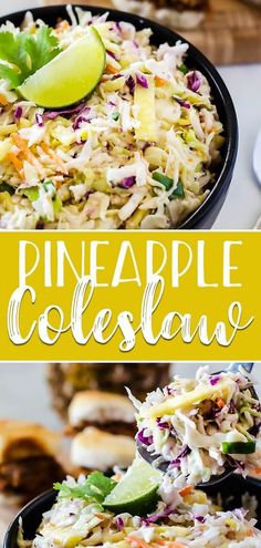 pineapple coleslaw in a bowl with lime wedges