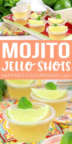 mojito jello shots with limes and mint on the side in small cups