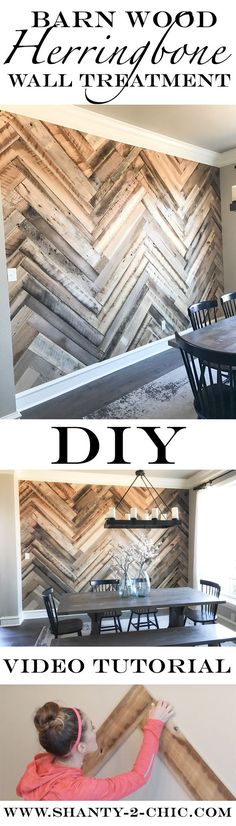 the diy wood planks are being used to make a wallpaper pattern for a dining room