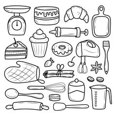 a black and white drawing of kitchen utensils, baking supplies and other items