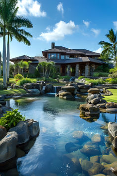 a large house sitting on top of a lush green hillside next to a small pond