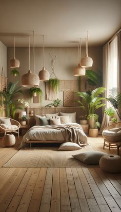 a bedroom with wooden floors and lots of plants