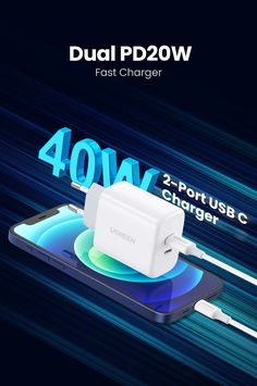 the dual pd2ow fast charger has two port usb c and is connected to an iphone