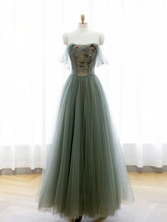 A-Line Green Tulle Long Prom Dress, Off the Shoulder Evening Party Dress Tulle Maxi Length Dress For Banquet, Spring Tulle Dress With Sweep Train, Green Floor-length Bridesmaid Dress For Banquet, A-line Organza Gown For Banquet, Floor-length Green Bridesmaid Dress For Banquet, Green Tulle Evening Dress, Green Tulle Bridesmaid Dress For Party, Green Dresses With Sweep Train For Banquet, Green Organza Evening Dress For Prom