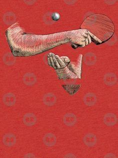 a drawing of a hand holding a ping pong racket in front of a red background