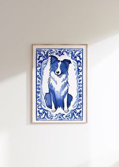 a blue and white tile with a dog on it