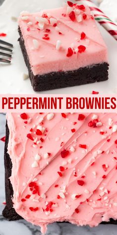 two pieces of peppermint brownies with pink frosting and sprinkles