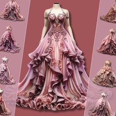 the dress is made up of many different colors and shapes, including pinks, purples, and browns