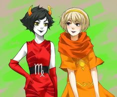 two anime characters are dressed up in red and orange outfits with horns on their heads