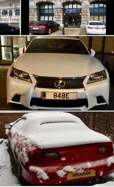 the front and back view of a car covered in snow, with two different views of it