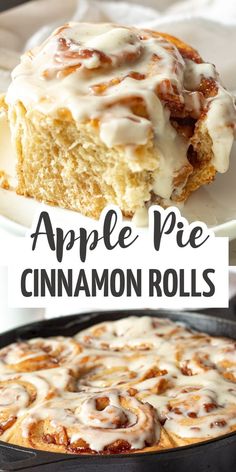 apple pie cinnamon rolls with icing on top and in a pan next to it