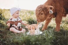 a baby sitting in the grass next to a cow with it's head on a toy