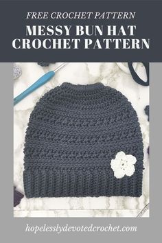 a crocheted beanie hat with a flower on the side and text that reads free crochet pattern messy run hat crochet pattern