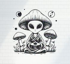 an alien is sitting in the grass with mushrooms