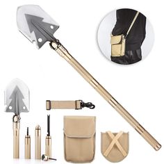 an assortment of tools and accessories including a walking stick, shoelaces, wallet, gloves, and umbrella