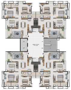 the floor plan for an office building with four separate rooms and three different kitchen areas