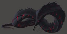 a black dragon with red streaks on it's face and tail, sitting in front of a gray background