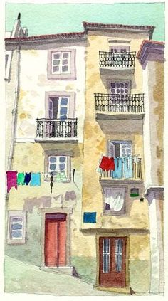 a watercolor painting of an apartment building with clothes hanging out to dry on the balconies