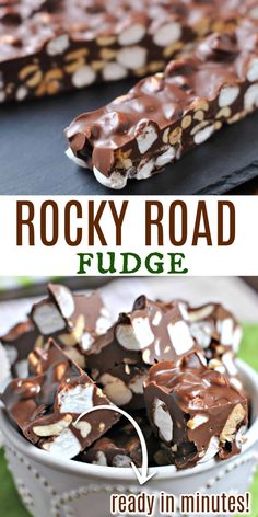 rocky road fudge recipe with chocolate and nuts in the middle, ready to be eaten