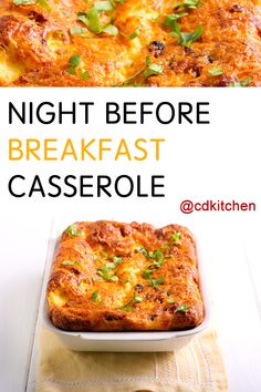 a casserole dish is shown with the words night before breakfast casserole