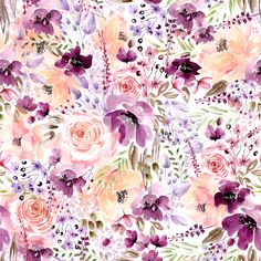 watercolor flowers and leaves are arranged on a white background with pink, purple and green accents