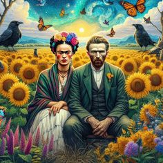 two people are sitting in the middle of a field with sunflowers and butterflies