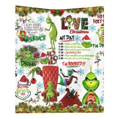 the grinch christmas poster is displayed on a white background with green and red decorations