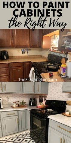 a kitchen with white cabinets and black stove top oven in the center is an image of how to paint cabinets the right way