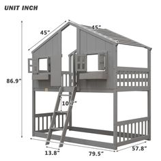 a gray loft bed with stairs and ladders to the top floor, measurements for each bunk