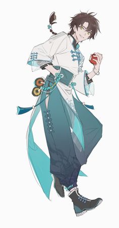 an anime character with black hair and blue pants, holding a drink in his hand