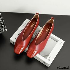 Olivia Mark - Premium Leather Chunky Heel Dress Loafers: Casual Solid Color Shallow Mouth Granny Shoes with Square Toe and Low Heel Casual Flat Court Shoes For Office, Red Round Toe Court Shoes For Work, Red Court Shoes With Round Toe For Work, Casual Flat Court Shoes For Work, Flat Casual Court Shoes For Work, Casual Slip-on Court Shoes For Office, Red Almond Toe Court Shoes For Work, Casual Red Heels For Workwear, Pointed Toe Loafers With Red Sole For Work