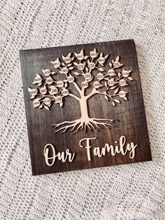 a wooden family tree with the words our family on it