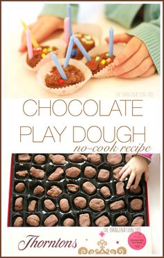 chocolate play dough in a box with candles on top and hands reaching out to it