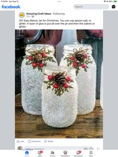 three mason jars decorated with holly and pine cones are shown in front of a facebook page