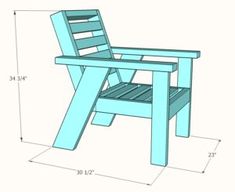 a blue wooden chair with measurements for it