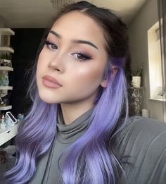 Brown Hair Lavender Underneath, Brown With Color Hair, 2023 Purple Hair, Lavender Halo Hair, Lavender Hair Peekaboo, Lavender Peekaboo Hair Brunette, Hair Color Ideas For Brunettes Purple, Colorful Hair Ideas For Brunettes, Purple Money Piece Hair Brunette