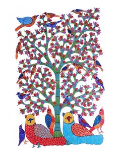 a tree with birds and flowers on it