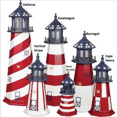 four lighthouses are shown in different colors and sizes, each with their own name