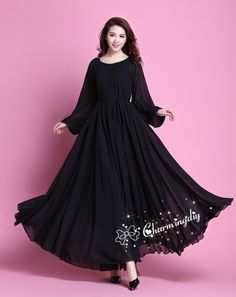 Chiffon Black Autumn Long Sleeve Party Big Hem Dress Evening Wedding Maternity Lightweight Holiay Beach Bridesmaid Maxi Skirt Detail Info: ❤ Color: Black More color choice link: https://www.etsy.com/listing/213656440/chiffon-dress-color-card?ref=shop_home_feat_1 Please just note the color you want with order, we will make according to your note. ❤ Material: Chiffon ❤ The dress doesn't limit the chest size and waitst size, arm hole 45cm (if your upper arm circle circumference is more than 40cm, p Bridesmaid Maxi Skirt, Maxi Dress For Wedding, Maternity Photo Dresses, Black Maxi Dresses, Beach Bridesmaid, Hijab Dress Party, Long Sleeve Chiffon Dress, Long Summer Dresses Maxi, Long Dress Design