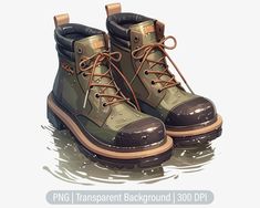 a pair of green boots with brown laces on the outstretches are floating in water